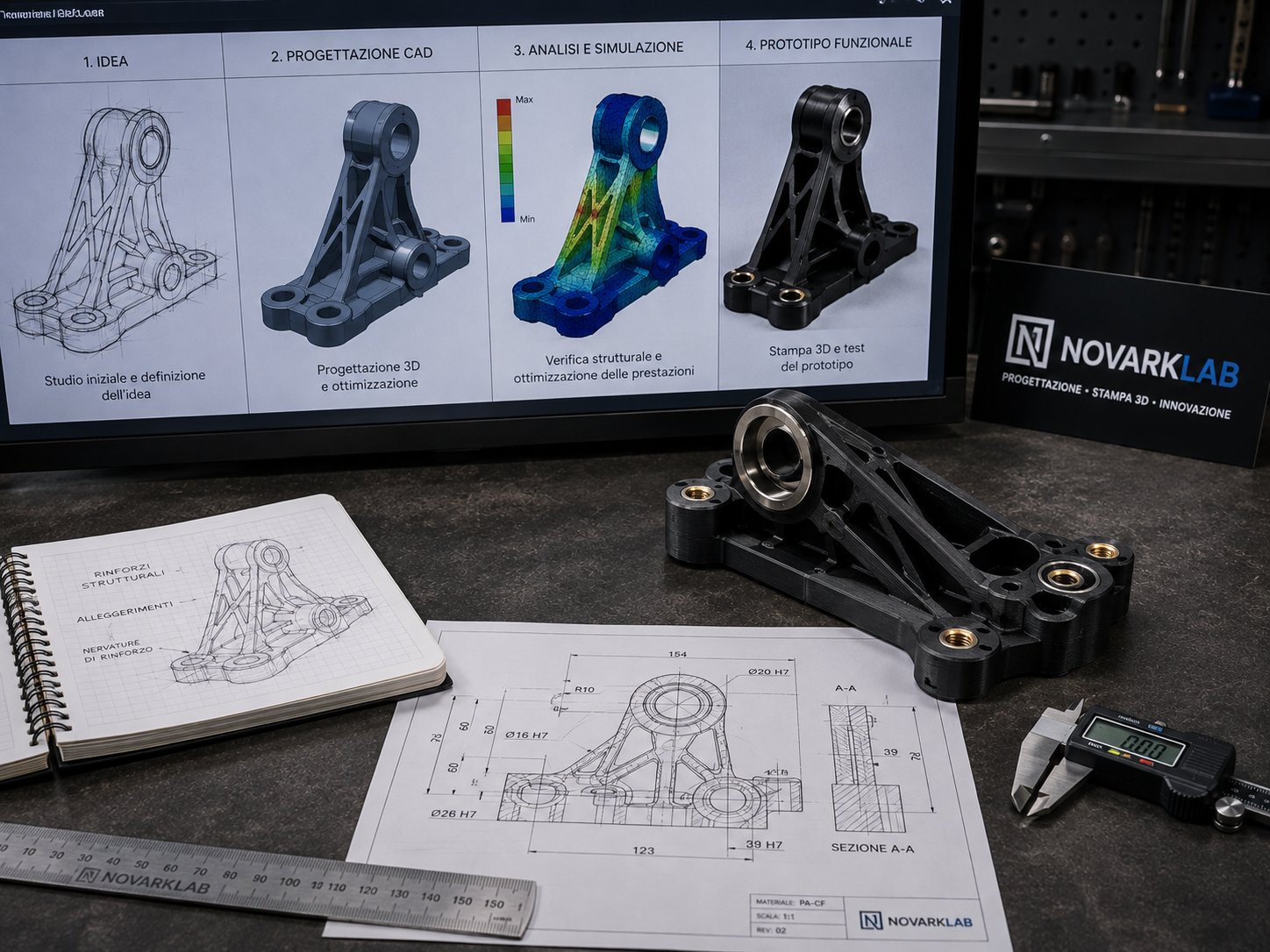 Processo di progettazione CAD, analisi strutturale e prototipazione funzionale con stampa 3D